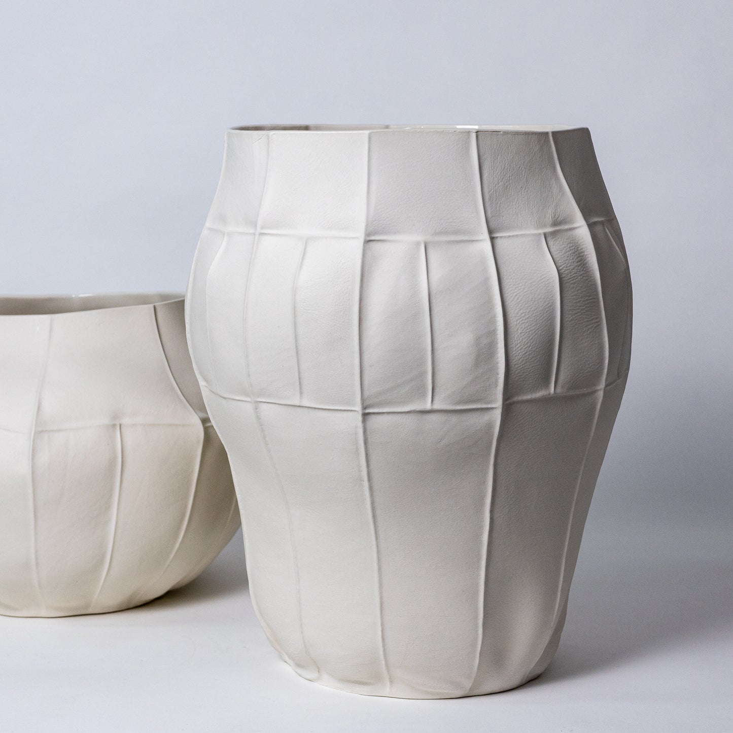 Large Minimal White Porcelain Decorative Vessel with Leather Texture
