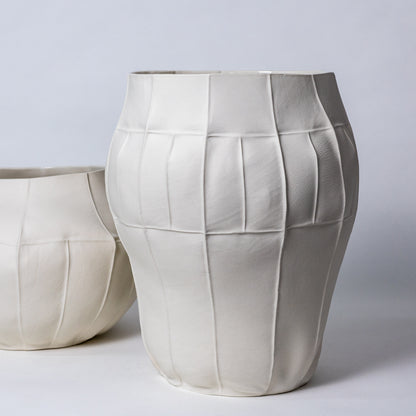Large Minimal White Porcelain Decorative Vessel with Leather Texture