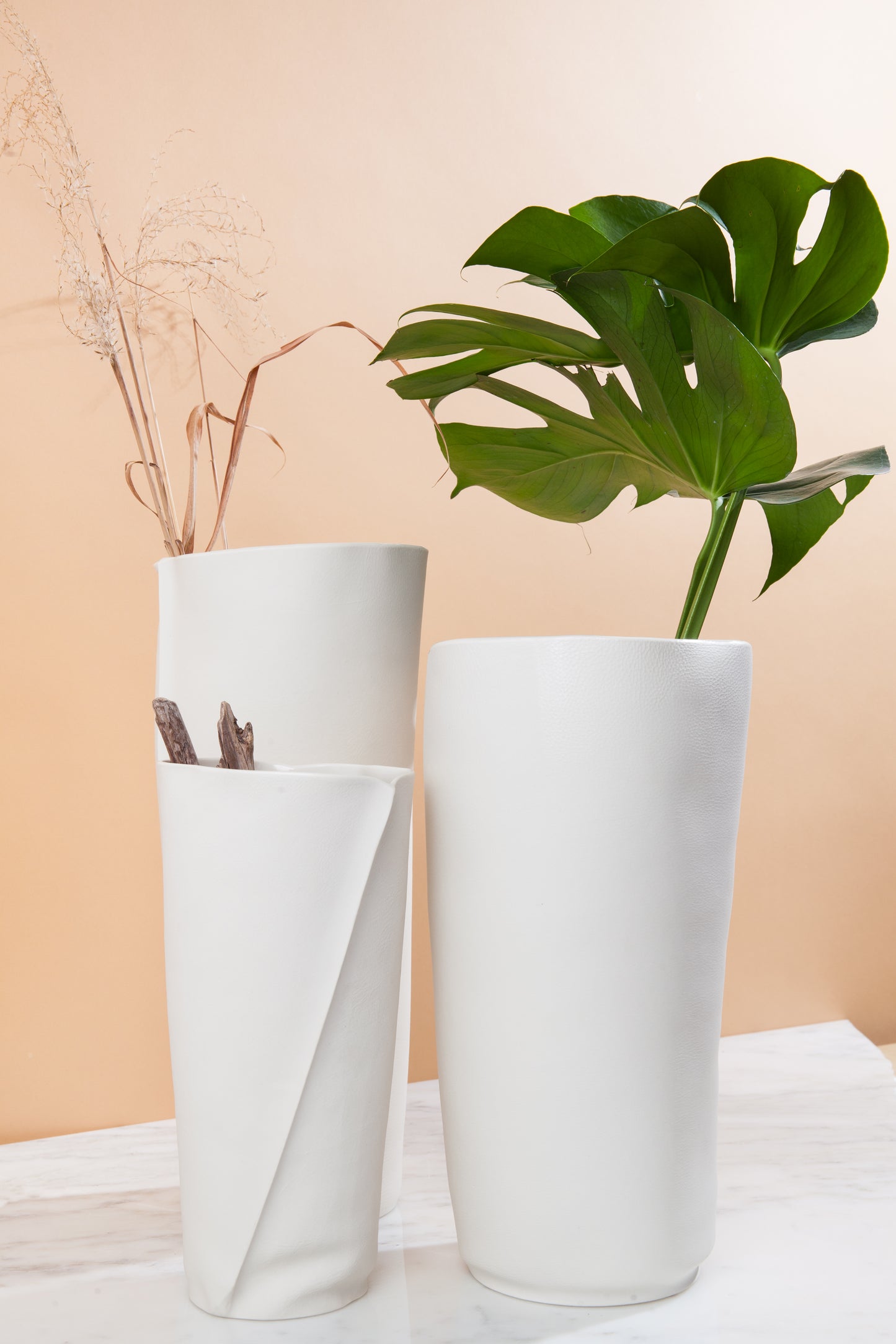 Set of Three Organic White Ceramic Vases with Textured Leather Finish