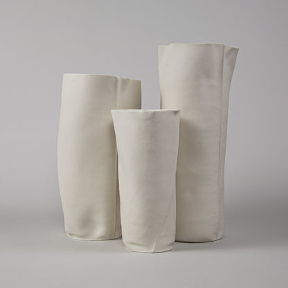 Set of Three Minimal White Ceramic Vases with Leather-Grain Texture